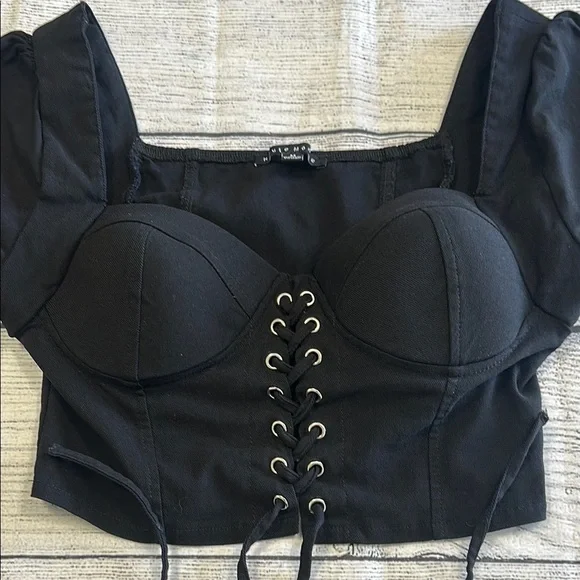 Haute Monde Sz Medium Black Puff Sleeve Lace-Up Crop Top - Picture 5 of 9